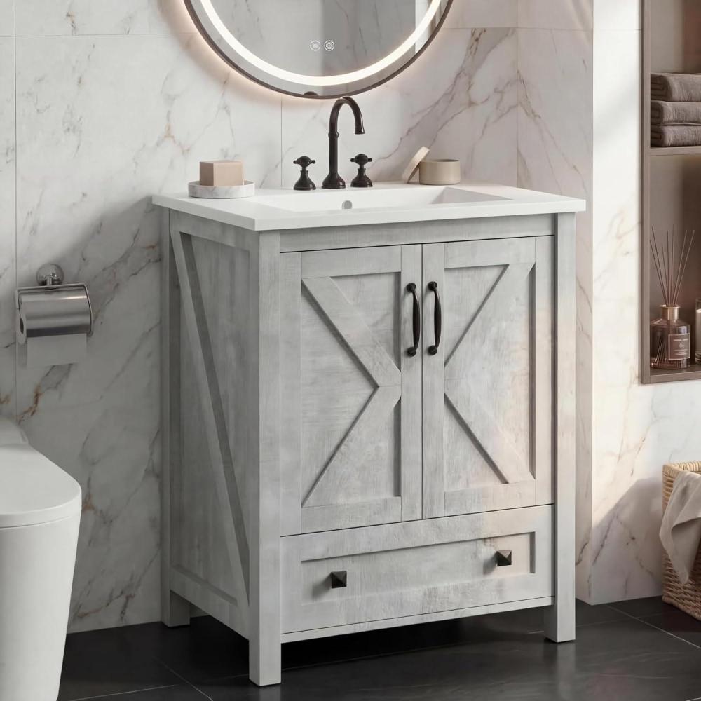image:imageGarveeHome 30 inch Vanity with Ceramic Sink Modern Bathroom Vanity with 2 Doors and 1 Storage Drawer Freestanding Bathroom Cabinet with Contemporary Design for Your Bathrooms WhiteGrey