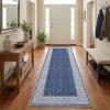 Garvee Modern Bordered Rugs for Living Room 8×10 Washable Rug Large Non Slip Low Pile Soft Carpet Foldable Non-Shedding Woven Printed Floor Cover for Bedroom Playroom Nursery Office Dorm Jute(Lines Blue)