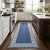 Garvee Modern Bordered Rugs for Living Room 8×10 Washable Rug Large Non Slip Low Pile Soft Carpet Foldable Non-Shedding Woven Printed Floor Cover for Bedroom Playroom Nursery Office Dorm Jute(Lines Blue)