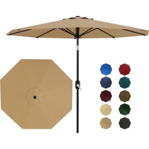 9 ft Patio Umbrella – 8 Sturdy Ribs Outdoor Table Umbrella with Crank Lift & Push Button Tilt – Market Umbrella for Pool, Deck, Yard, Garden -Navy blue & White Stripe(Tan Old)