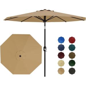 9 ft Patio Umbrella – 8 Sturdy Ribs Outdoor Table Umbrella with Crank Lift & Push Button Tilt – Market Umbrella for Pool, Deck, Yard, Garden -Navy blue & White Stripe(Tan New)
