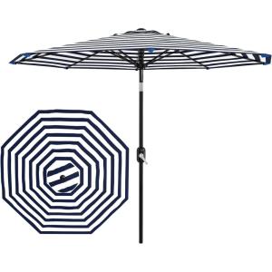 9 ft Patio Umbrella – 8 Sturdy Ribs Outdoor Table Umbrella with Crank Lift & Push Button Tilt – Market Umbrella for Pool, Deck, Yard, Garden -Navy blue & White Stripe(Navy blue & White Stripe)