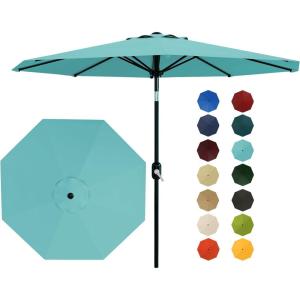 9 ft Patio Umbrella – 8 Sturdy Ribs Outdoor Table Umbrella with Crank Lift & Push Button Tilt – Market Umbrella for Pool, Deck, Yard, Garden -Navy blue & White Stripe(Lake Blue)