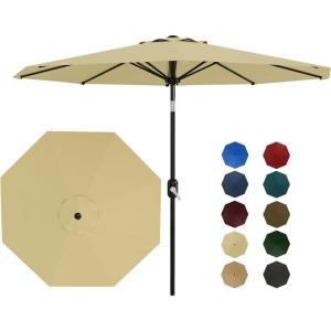 9 ft Patio Umbrella – 8 Sturdy Ribs Outdoor Table Umbrella with Crank Lift & Push Button Tilt – Market Umbrella for Pool, Deck, Yard, Garden -Navy blue & White Stripe(Beige)