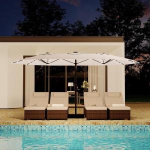 Garvee 15 ft Rectangular Patio Umbrella with Base Included – Large Patio Umbrella with Crank Handle, UV Protection for Outdoor Market, Backyard, Pool – Navy Blue(Beige old)