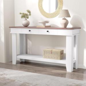 Garvee 54-Inch Long Console Table with Drawers, Wooden Rectangular Entryway Table w/Open Storage Shelf, Sofa Table Behind Couch, Farmhouse Entry Foyer Table for Entryway, Hallway, Living Room(Brown & White)