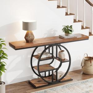 Garvee 55″ Entryway Table, 5-Tier Console Tables for Entryway, Industrial Narrow Sofa Tables with Storage for Living Room, Long Entry Hallway Couch Entrance Table with o-Shaped Metal Frame(Mix Brown)