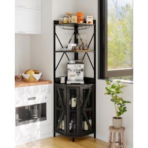 Garvee 72in Corner Wine Cabinet with Power Outlet, Industrial Wine Cabinet w/LED Strip&Glass Holder, 5-Tiers Liquor Cabinets Bar for Home, Small Space, Display Cabinets for, 12 Colors, Mesh Door(Black)