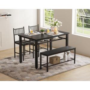 Garvee Farmhouse Kitchen Table Chairs Set for 4–47″ Modern Dining Table for 4 with Bench&Chairs,Storage Shelf&Metal Frame,Space-Saving Design for Dining Room/Kitchen/Apartment (Gray)(Brown)