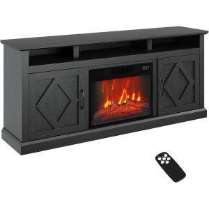 Garvee Fireplace TV Stand with 3-Sided Glass & Adjustable LED Flame,Glass Doors & Storage Shelves for TVs,Electric Fireplace Modern Entertainment Center Console Table Cabniet,for TVs up to 85″,75″(67″+23″)