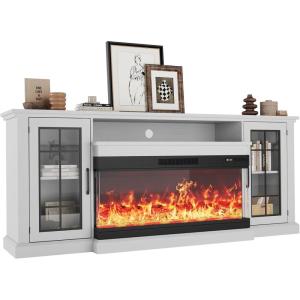 Garvee Fireplace TV Stand with 3-Sided Glass & Adjustable LED Flame,Glass Doors & Storage Shelves for TVs,Electric Fireplace Modern Entertainment Center Console Table Cabniet,for TVs up to 85″,75″(75 inch)