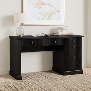 Garvee Fluted Home Office Desk Storage, 54 in Modern Executive Desk with Charging Station, Wooden Computer Writing Desk with File Cabinet & Drawers for Study, Living Room, Bedroom-Burlywood(Black)