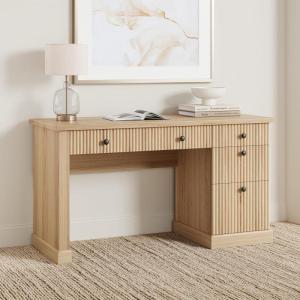 Garvee Fluted Home Office Desk Storage, 54 in Modern Executive Desk with Charging Station, Wooden Computer Writing Desk with File Cabinet & Drawers for Study, Living Room, Bedroom-Burlywood(Burlywood)