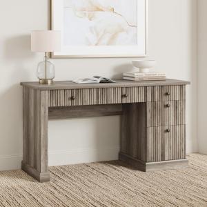Garvee Fluted Home Office Desk Storage, 54 in Modern Executive Desk with Charging Station, Wooden Computer Writing Desk with File Cabinet & Drawers for Study, Living Room, Bedroom-Burlywood(Grey)