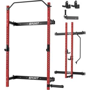 Garvee Folding Squat Rack for Home Gym, 2.36 in x 2.36 in Wall Mounted Foldable Squat Rack with Pull Up Bar, J Hooks and Landmine Attachments, 1000 LBS Capacity Space Saving Weight Power Cage