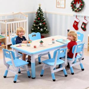 Garvee Kids Table and 6 Chair Set,47 in Modern Height Adjustable Toddler Table and 6 Chairs Set with Non-Slip Desk Legs& Organizer Graffiti Desktop,Preschool Activity Art Craft Tables for 6（Gray(Blue)