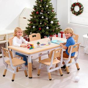 Garvee Kids Table and 6 Chair Set,47 in Modern Height Adjustable Toddler Table and 6 Chairs Set with Non-Slip Desk Legs& Organizer Graffiti Desktop,Preschool Activity Art Craft Tables for 6（Gray(Khaki)