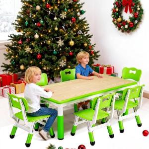 Garvee Kids Table and 6 Chair Set,47 in Modern Height Adjustable Toddler Table and 6 Chairs Set with Non-Slip Desk Legs& Organizer Graffiti Desktop,Preschool Activity Art Craft Tables for 6（Gray(Green)
