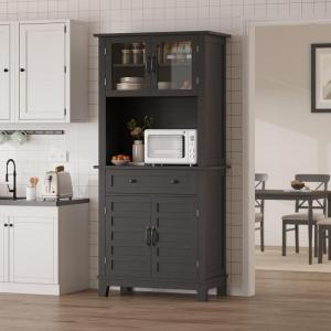 Garvee Kitchen Pantry, 72 in Farmhouse Coffee Bar Table with Storage Drawers & Glass Doors, Stand Cabinet for Kitchen, Dining Room, Black(Dark Black)