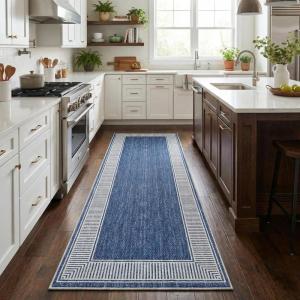 Garvee Modern Bordered Rugs for Living Room 8×10 Washable Rug Large Non Slip Low Pile Soft Carpet Foldable Non-Shedding Woven Printed Floor Cover for Bedroom Playroom Nursery Office Dorm Jute(Lines Blue)