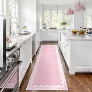 Garvee Modern Bordered Rugs for Living Room 8×10 Washable Rug Large Non Slip Low Pile Soft Carpet Foldable Non-Shedding Woven Printed Floor Cover for Bedroom Playroom Nursery Office Dorm Jute(Border Pink)