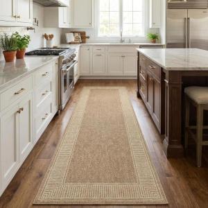 Garvee Modern Bordered Rugs for Living Room 8×10 Washable Rug Large Non Slip Low Pile Soft Carpet Foldable Non-Shedding Woven Printed Floor Cover for Bedroom Playroom Nursery Office Dorm Jute(Lines Jute)
