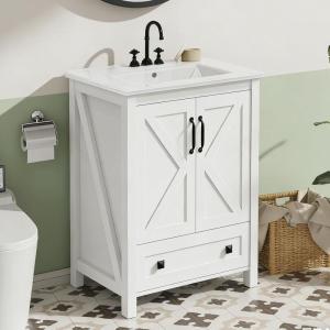 GarveeHome 30 inch Vanity with Ceramic Sink, Modern Bathroom Vanity with 2 Doors and 1 Storage Drawer, Freestanding Bathroom Cabinet with Contemporary Design for Your Bathrooms, White(White)