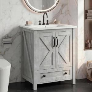 GarveeHome 30 inch Vanity with Ceramic Sink, Modern Bathroom Vanity with 2 Doors and 1 Storage Drawer, Freestanding Bathroom Cabinet with Contemporary Design for Your Bathrooms, White(Grey)