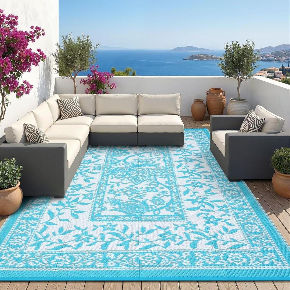 image:imageGarvee Outdoor Rug 8x10 Waterproof Reversible Foldable Plastic Straw Rug Botanical cottagecore Outdoor Rugs Patio Camping RV Carpet for Deck Camper Porch Balcony Backyard Picnic Beach GreyBlue