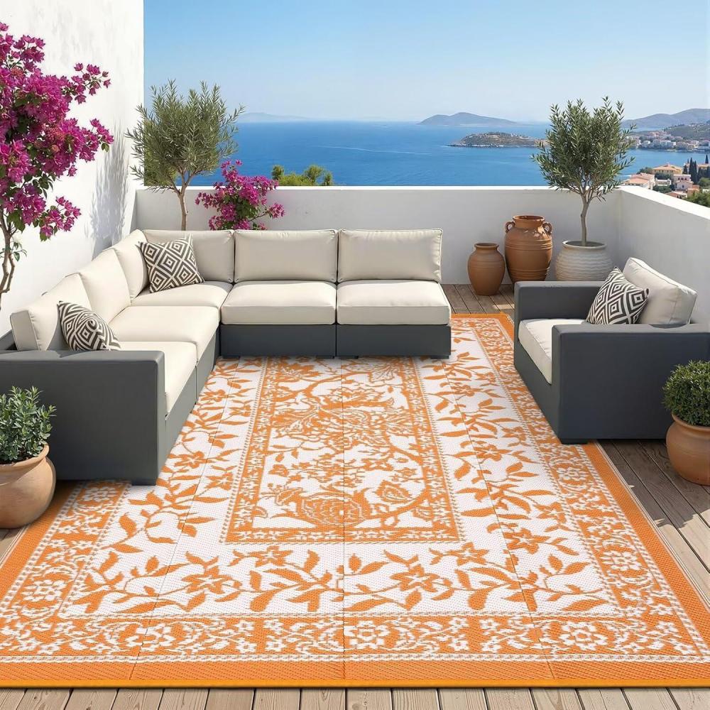 image:imageGarvee Outdoor Rug 8x10 Waterproof Reversible Foldable Plastic Straw Rug Botanical cottagecore Outdoor Rugs Patio Camping RV Carpet for Deck Camper Porch Balcony Backyard Picnic Beach GreyOrange