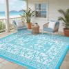 Garvee Outdoor Rug 8×10, Waterproof Reversible Foldable Plastic Straw Rug, Botanical cottagecore Outdoor Rugs Patio Camping RV Carpet for Deck Camper Porch Balcony Backyard Picnic Beach Grey(Blue)