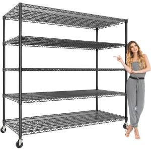 Garvee 5-Tier Storage Shelves Heavy Duty Metal Wire Rack Shelving, 1100 LBS Capacity Rolling Storage Rack with Wheels, for Living Room Pantry Kitchen Bedroom Organization(5-Tier  82″H x 59″ W x 23.6″ D)