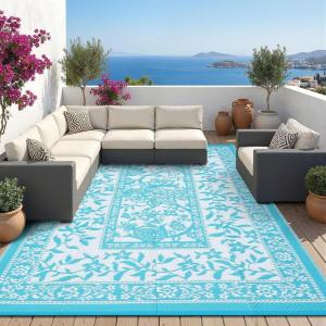 Garvee Outdoor Rug 8×10, Waterproof Reversible Foldable Plastic Straw Rug, Botanical cottagecore Outdoor Rugs Patio Camping RV Carpet for Deck Camper Porch Balcony Backyard Picnic Beach Grey(Blue)