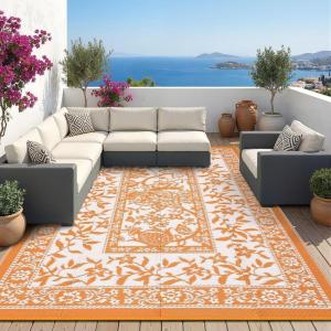 Garvee Outdoor Rug 8×10, Waterproof Reversible Foldable Plastic Straw Rug, Botanical cottagecore Outdoor Rugs Patio Camping RV Carpet for Deck Camper Porch Balcony Backyard Picnic Beach Grey(Orange)