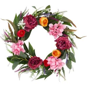 Spring Wreaths for Front Door Set, 18″ Artificial Spring Summer Wreath with 2 Matching Flower Bouquets, Peony Tulip Hydrangea Floral Wreath, Farmhouse Front Door Decor for Indoor Outdoor(22inch)