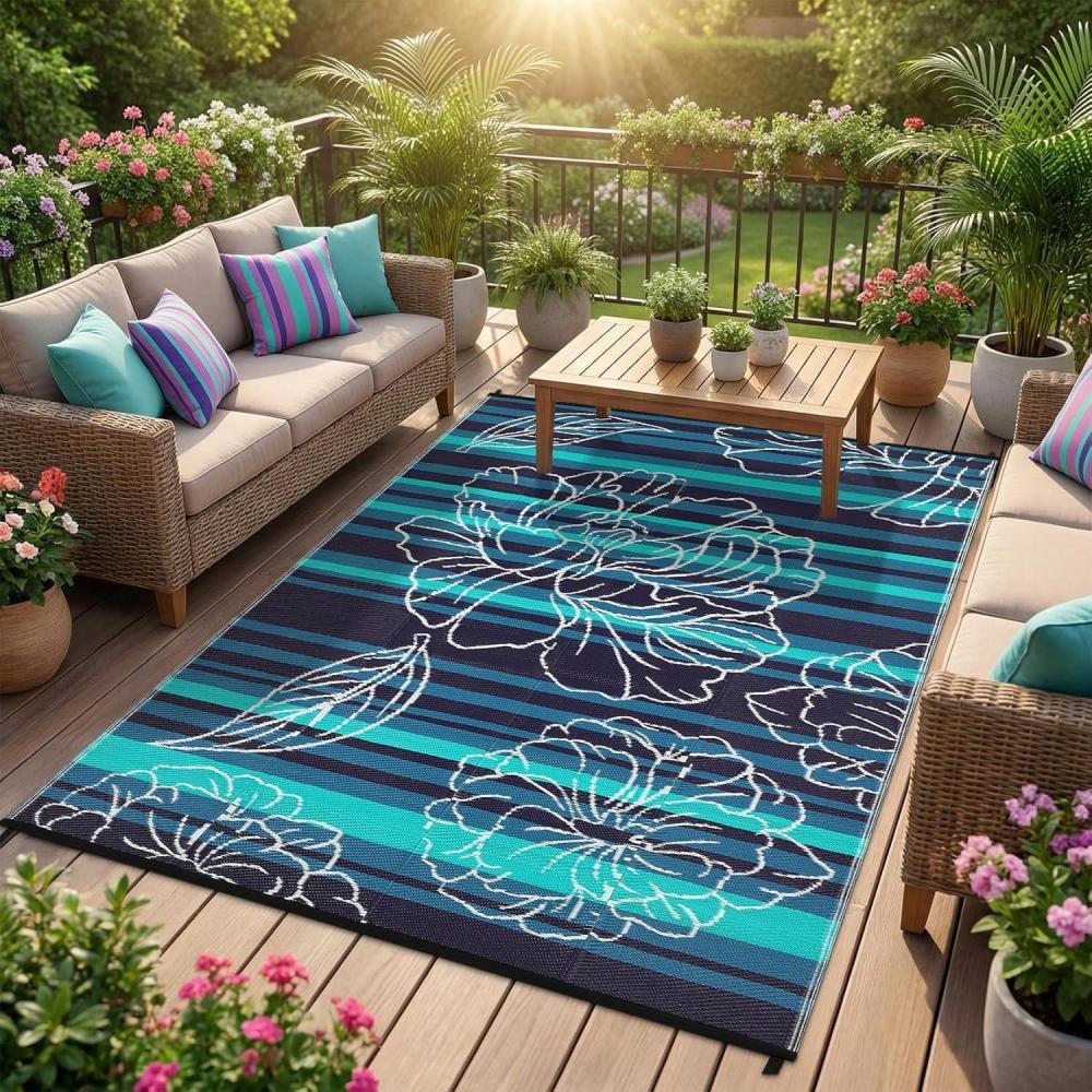 image:imageGarvee 5x8 Outdoor Waterproof Rug Floral Outdoor Area RugReversible Plastic Straw Patio Rug Portable Camping Mat for RV Picnic Beach Balcony Garden amp Camping OrangeBlackblue