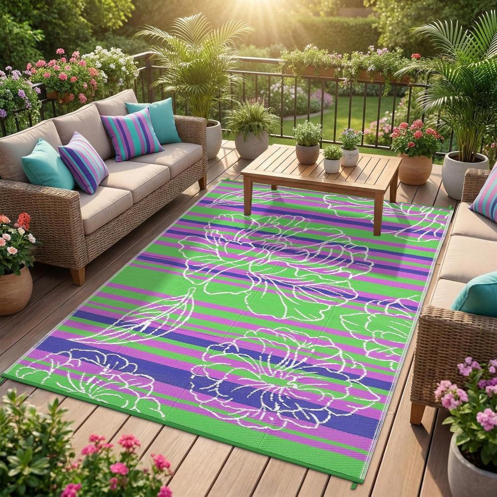 image:imageGarvee 5x8 Outdoor Waterproof Rug Floral Outdoor Area RugReversible Plastic Straw Patio Rug Portable Camping Mat for RV Picnic Beach Balcony Garden amp Camping OrangeGreen