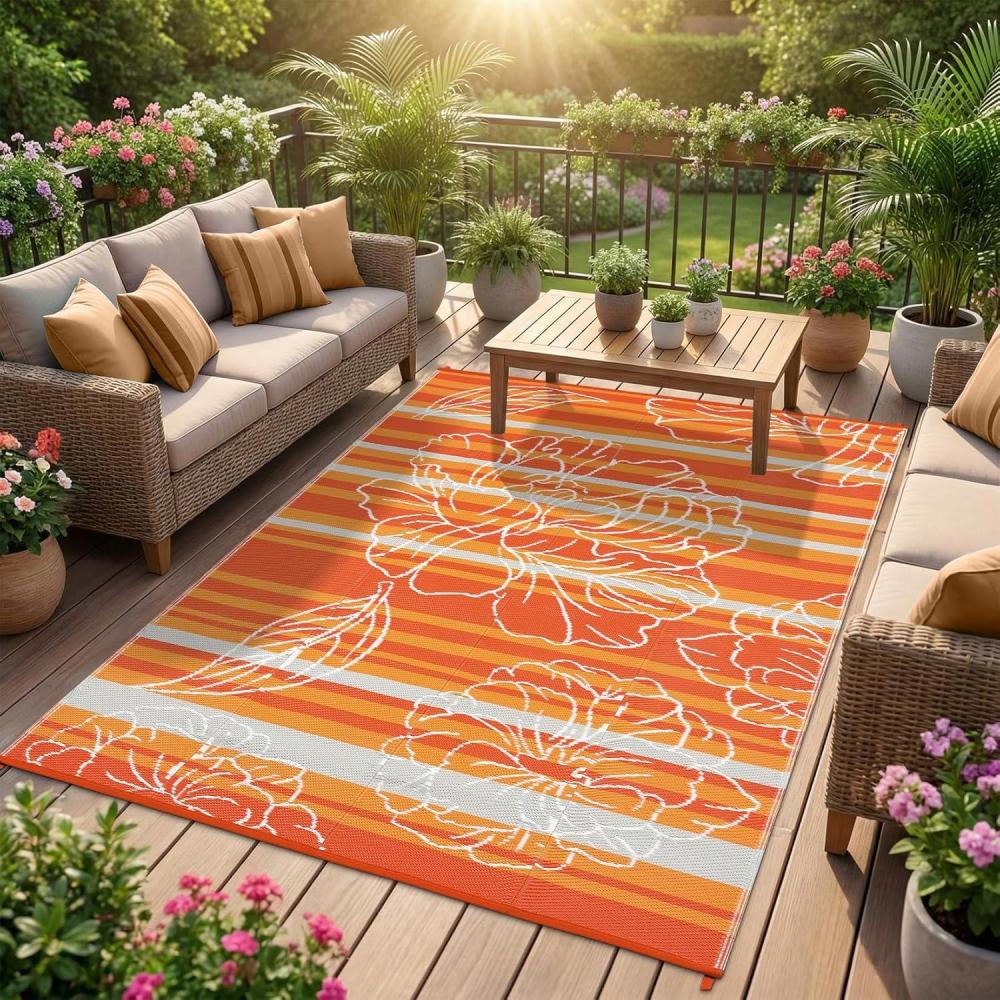 image:imageGarvee 5x8 Outdoor Waterproof Rug Floral Outdoor Area RugReversible Plastic Straw Patio Rug Portable Camping Mat for RV Picnic Beach Balcony Garden amp Camping OrangeOrange