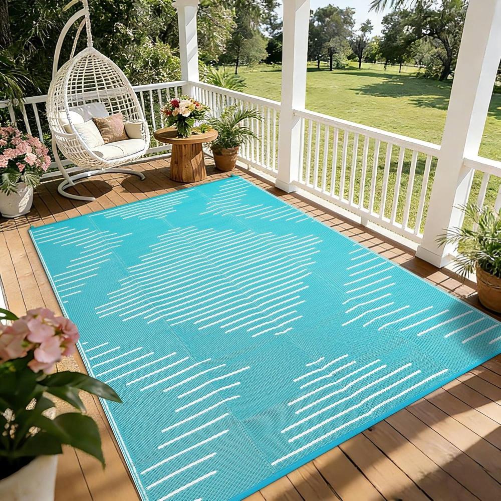 image:imageGarvee 6x9 Area Rugs Plastic Reversible Patio Rugs Outdoor Waterproof EasyCleaning Large Floor Mat for Outdoors Backyard Porch RV Beach Picnic Terracotta WhiteLight Blue White