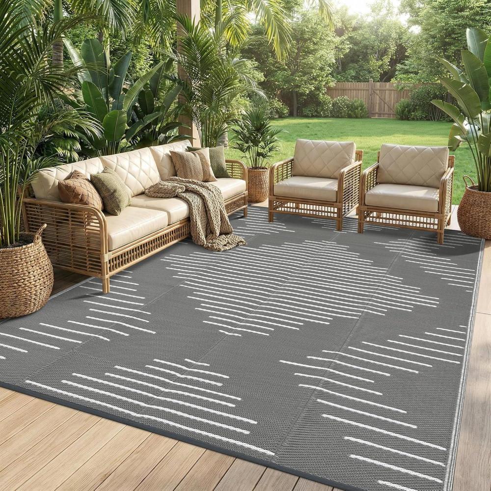 image:imageGarvee 6x9 Area Rugs Plastic Reversible Patio Rugs Outdoor Waterproof EasyCleaning Large Floor Mat for Outdoors Backyard Porch RV Beach Picnic Terracotta WhiteGrey White