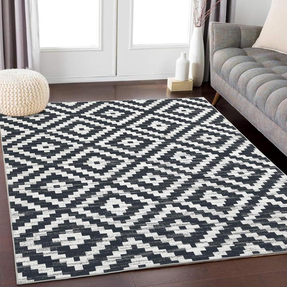 image:imageGarvee 8x10 Washable Rugs for Living Room Geometric Checkered Area Rug Modern Distressed Indoor Mat Low Pile Neutral Soft Carpet Non Slip Stain Resistant Rug for Bedroom Office Nursery BlackTrellisblack