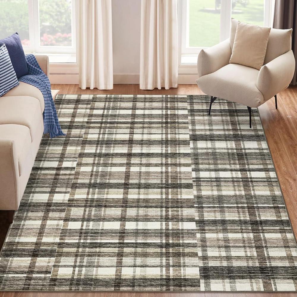 image:imageGarvee 8x10 Washable Rugs for Living Room Geometric Checkered Area Rug Modern Distressed Indoor Mat Low Pile Neutral Soft Carpet Non Slip Stain Resistant Rug for Bedroom Office Nursery BlackPlaidblue