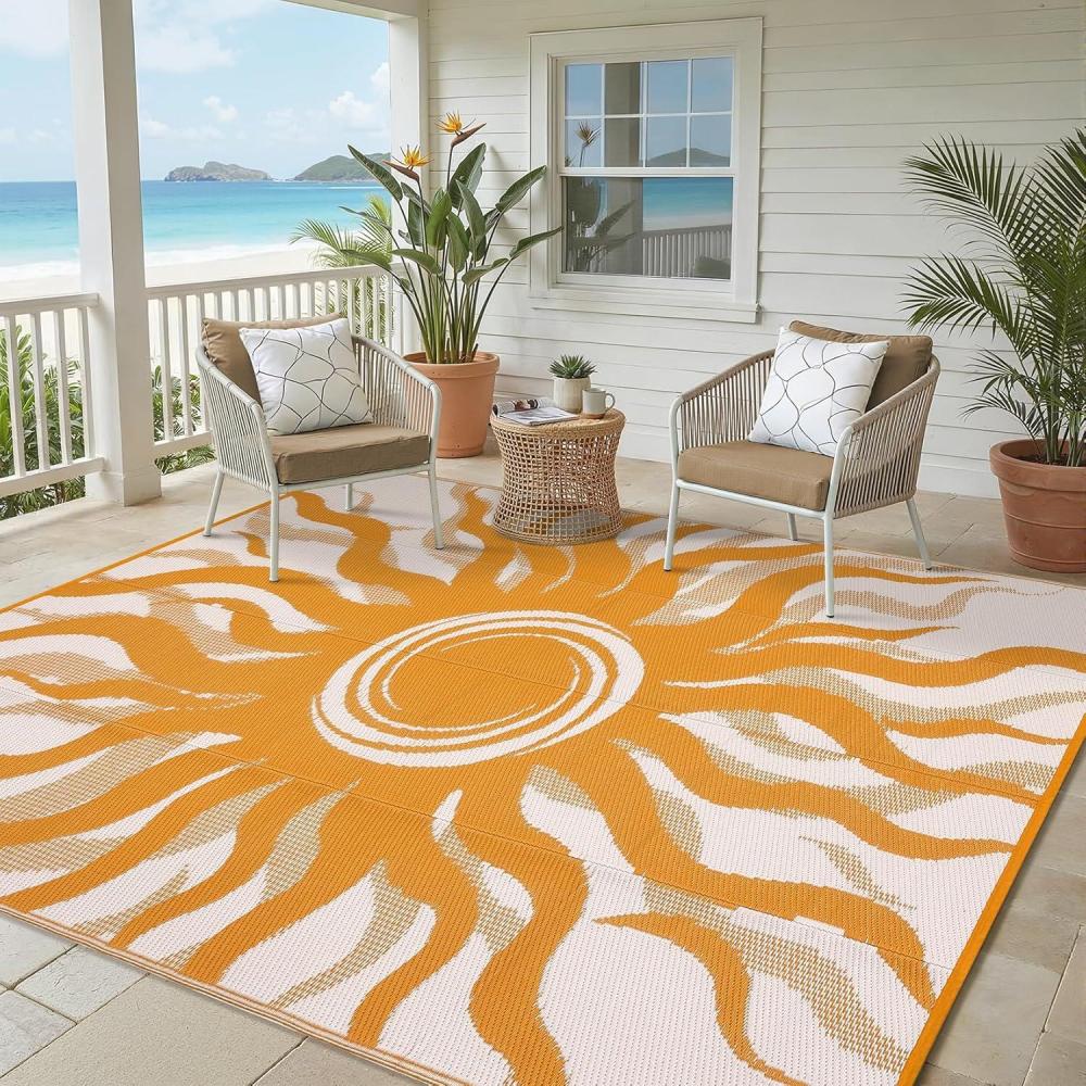 image:imageGarvee Outdoor Rug 5x8 Waterproof Patio Rugs with Boho Sun Pattern Reversible Plastic Straw Camping Rugs Outdoor Indoor RV Mat Carpet for Deck Backyard Picnic Porch Balcony Beach OrangeOrange