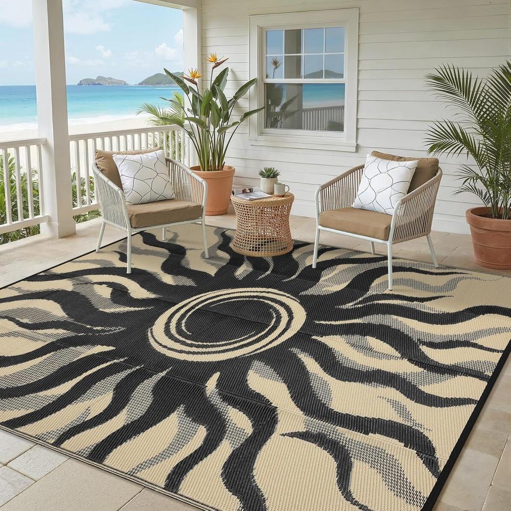 image:imageGarvee Outdoor Rug 5x8 Waterproof Patio Rugs with Boho Sun Pattern Reversible Plastic Straw Camping Rugs Outdoor Indoor RV Mat Carpet for Deck Backyard Picnic Porch Balcony Beach OrangeBlack