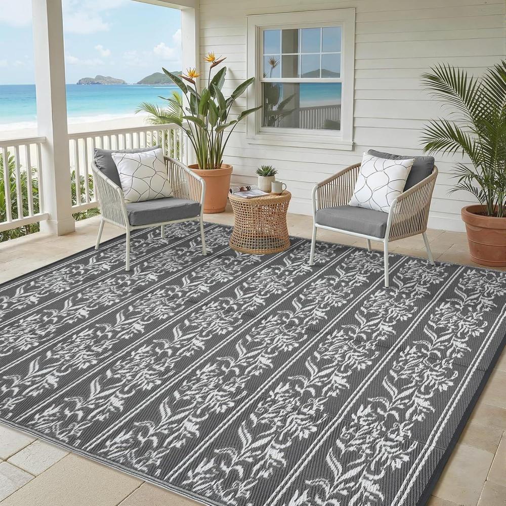 image:imageGarvee Outdoor Rugs 5x8 Waterproof Reversible Mat Boho Leaf Patio Rug with 4 Stakes and Starage Bag Large Outdoor RV Mat Rugs for Camping Picnic Balcony Deck Backyard Navy Blue amp WhiteGrey  White