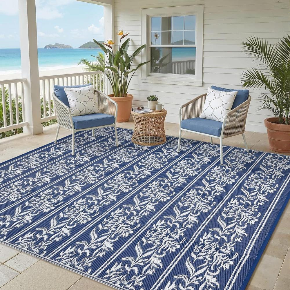 image:imageGarvee Outdoor Rugs 5x8 Waterproof Reversible Mat Boho Leaf Patio Rug with 4 Stakes and Starage Bag Large Outdoor RV Mat Rugs for Camping Picnic Balcony Deck Backyard Navy Blue amp WhiteNavy Blue  White