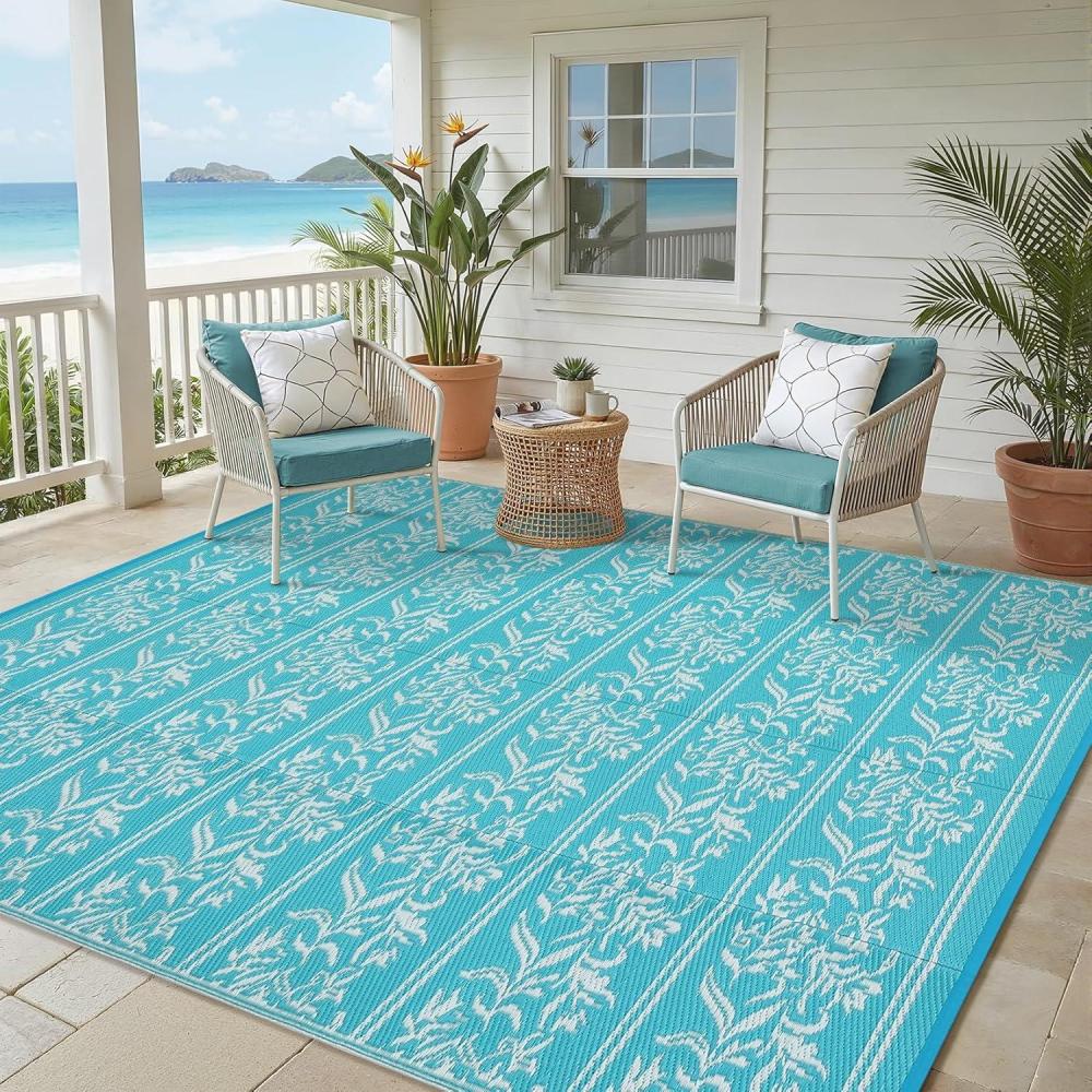 image:imageGarvee Outdoor Rugs 5x8 Waterproof Reversible Mat Boho Leaf Patio Rug with 4 Stakes and Starage Bag Large Outdoor RV Mat Rugs for Camping Picnic Balcony Deck Backyard Navy Blue amp WhiteLight Blue  White