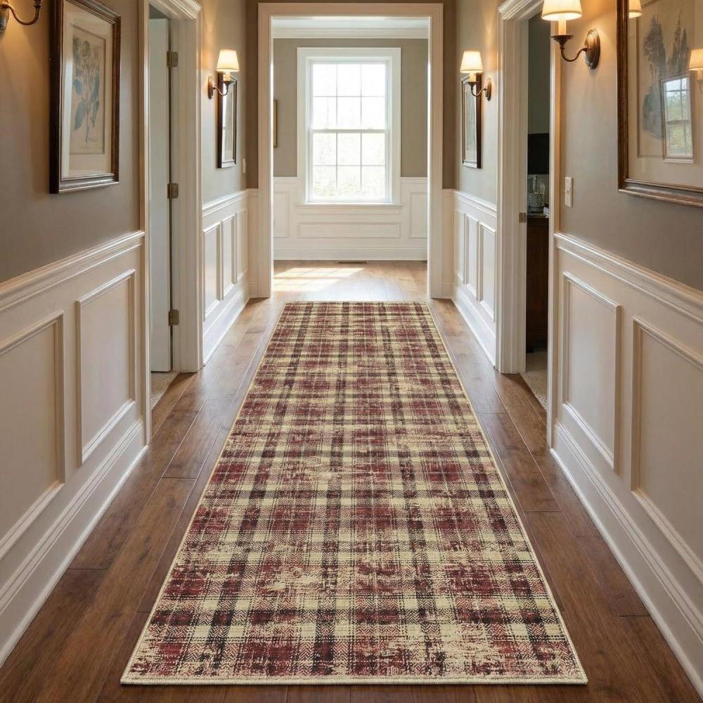image:imageGarvee Washable Area Rugs 9x12 Living Room Rug Tartan Plaid Non Slip Soft Bedroom Rugs Farmhouse Low Pile Foldable Large Rug Stain Resistant Carpet for Nursery Dining Room Classroom BeigePlaidred