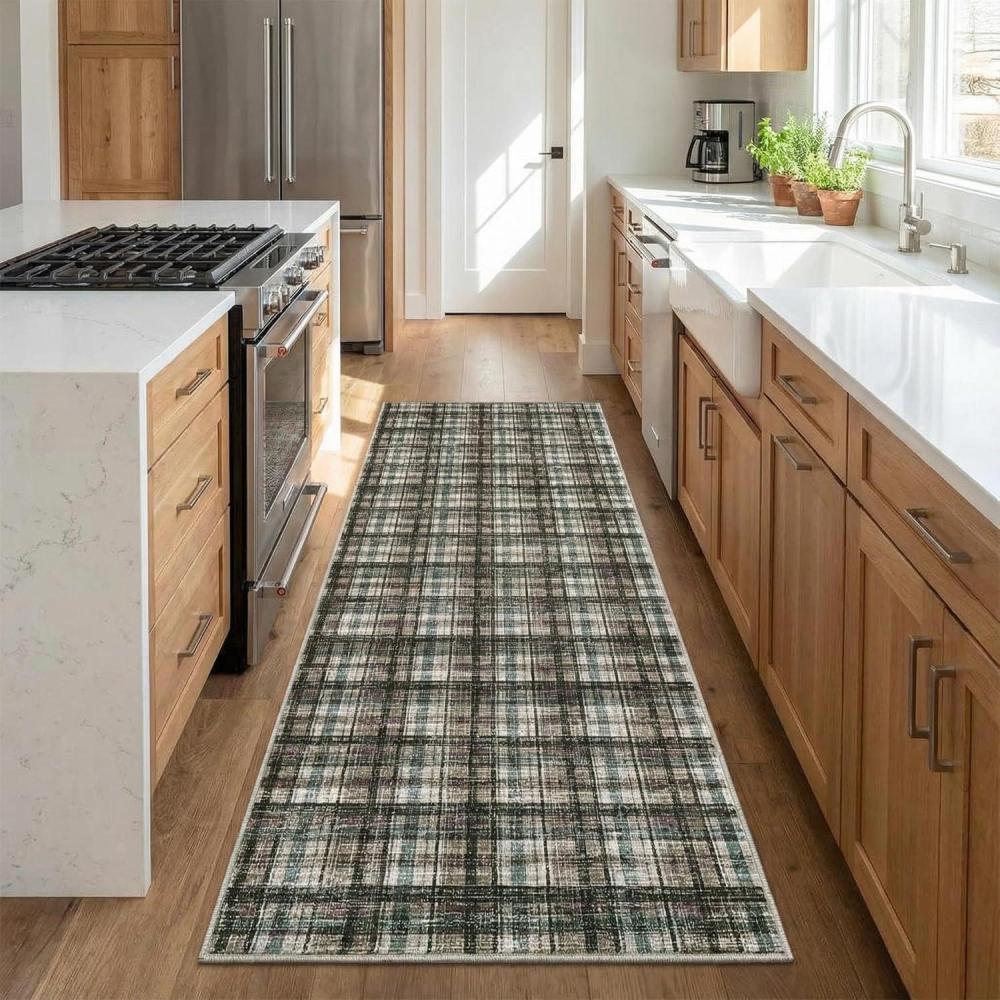 image:imageGarvee Washable Area Rugs 9x12 Living Room Rug Tartan Plaid Non Slip Soft Bedroom Rugs Farmhouse Low Pile Foldable Large Rug Stain Resistant Carpet for Nursery Dining Room Classroom BeigePlaidtealdark Brown