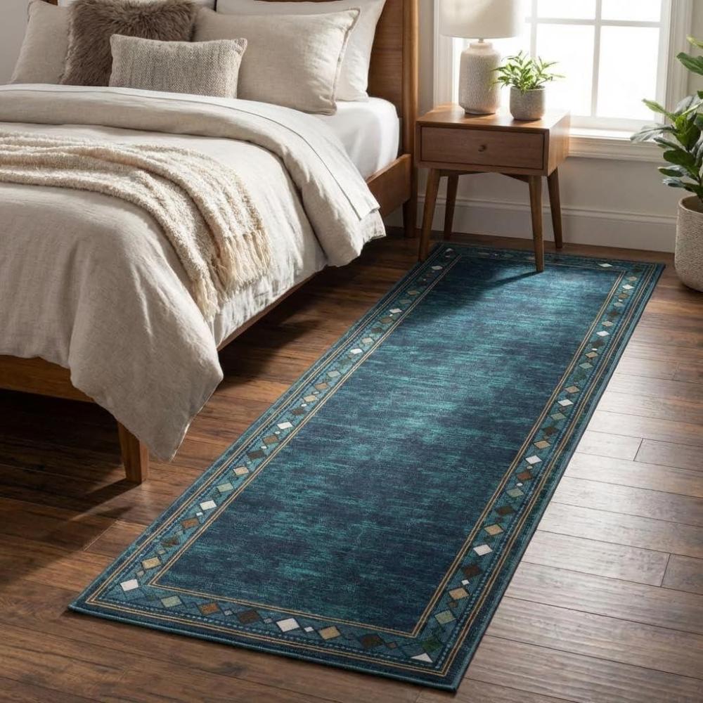 image:imageGarvee Washable Bordered 2x6 Kitchen Rugs Distressed Soft Non Slip Hallway Runner Rug Indoor Modern Low Pile Throw Carpet Runner for Bedroom Laundry Bathroom Stain Resistant Floor Rug BrownGeometricblue Teal